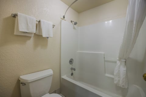 Combined shower/tub, free toiletries, hair dryer, towels