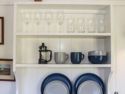 Fridge, electric kettle, toaster, cookware/dishes/utensils