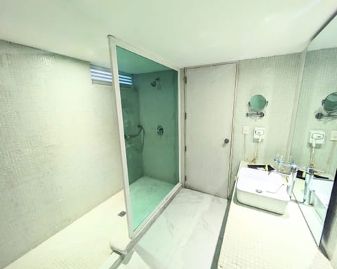 Shower, free toiletries, hair dryer, towels