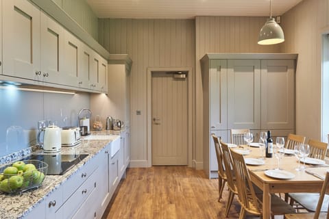 Fridge, dishwasher, electric kettle, cookware/dishes/utensils