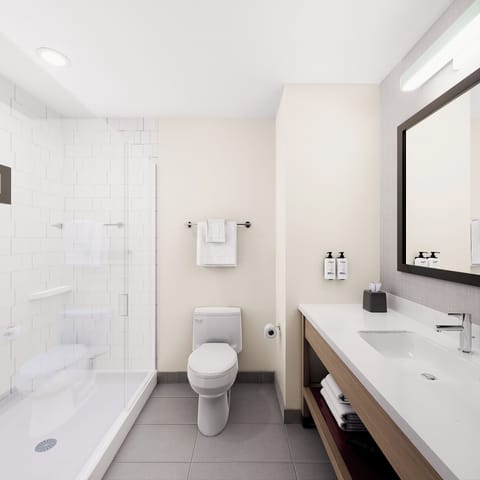 Combined shower/tub, free toiletries, hair dryer, towels