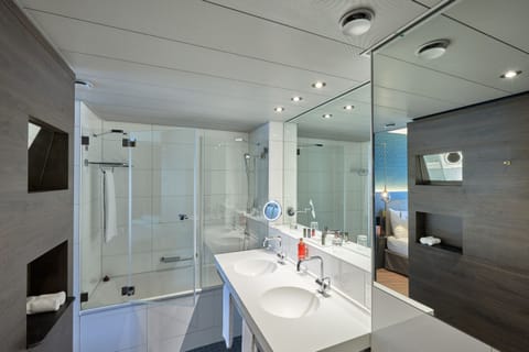 Combined shower/tub, free toiletries, hair dryer, towels