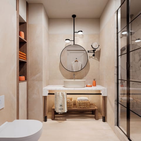 Hair dryer, bathrobes, towels, soap