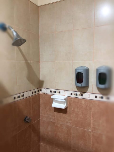 Shower, free toiletries, towels, soap