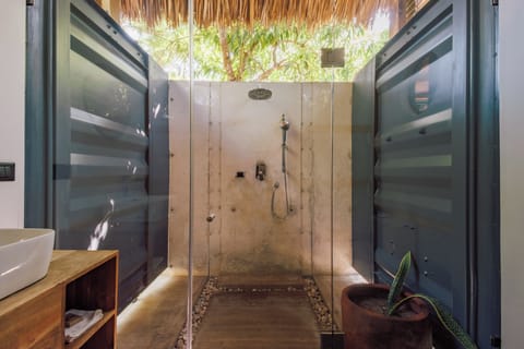 Shower, rainfall showerhead, towels, soap