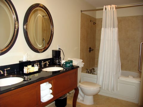 Designer toiletries, hair dryer, bathrobes, towels