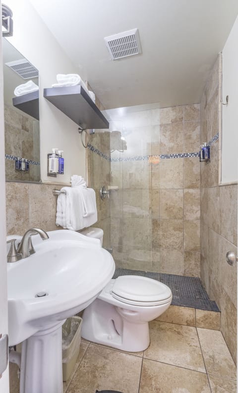 Shower, rainfall showerhead, designer toiletries, hair dryer