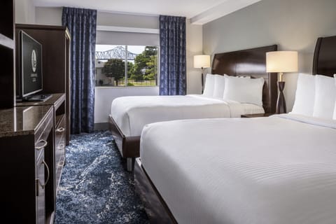 Desk, blackout drapes, bed sheets