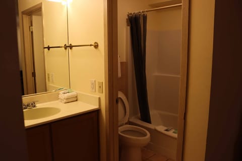 Combined shower/tub, deep soaking tub, free toiletries, towels