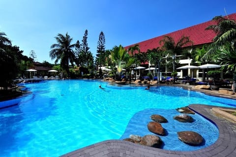 Outdoor pool, pool umbrellas, sun loungers
