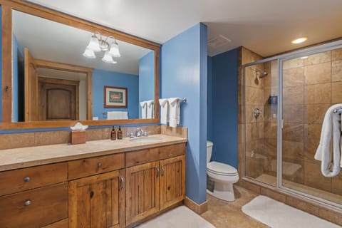 Combined shower/tub, designer toiletries, hair dryer, bathrobes