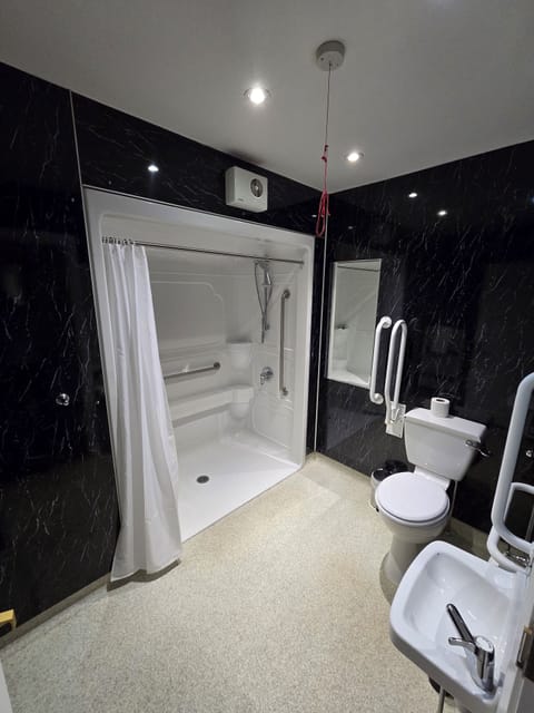 Suite, 1 Double Bed, Accessible, Non Smoking (Mobility,Roll-In Shower) | Bathroom | Shower, rainfall showerhead, designer toiletries, hair dryer