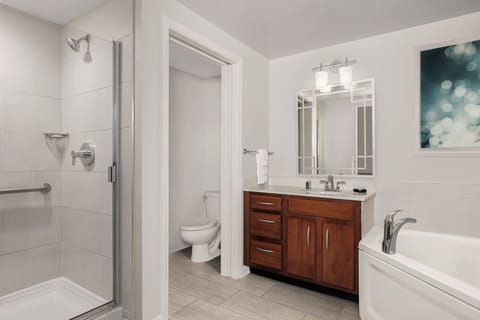 Combined shower/tub, jetted tub, hair dryer, towels