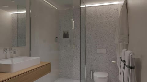 Hair dryer, bidet, towels, shampoo