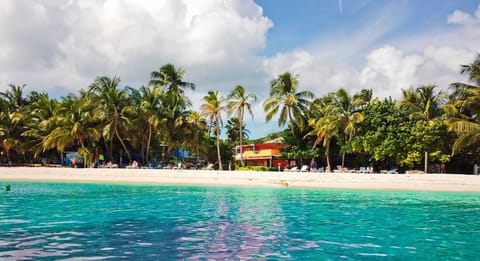 On the beach, white sand, sun loungers, beach towels