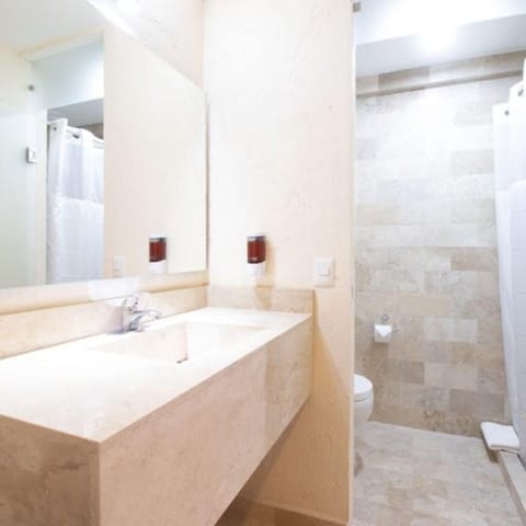 Shower, rainfall showerhead, hair dryer, slippers