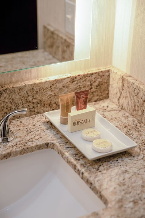 Combined shower/tub, free toiletries, hair dryer, towels