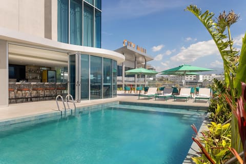 Outdoor pool, pool umbrellas, sun loungers