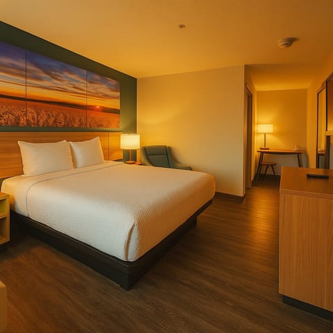Premium bedding, desk, laptop workspace, soundproofing
