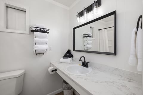 Combined shower/tub, hair dryer, towels, soap