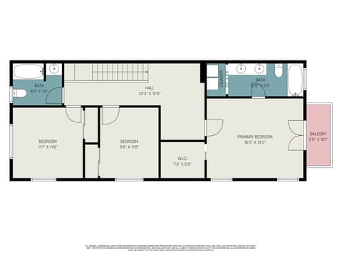 Floor plan of a living space with two bedrooms, two bathrooms, a hall, a walk-in closet, and a balcony.