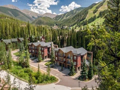 Aerial view of the mountain village with Winter Park Resort in the background