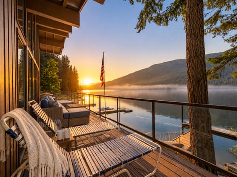 Enjoy a morning cup of coffee as the sun rises over Lake Wenatchee