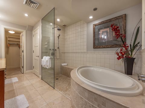 Large primary bathroom with a soaking tub and walk-in shower