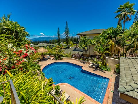 Aerial view of the property featuring a pristine pool surrounded by tropical gardens, palm trees, and mountain vistas under clear blue skies.