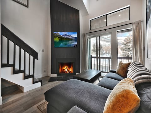 Wood burning fireplace hearth with wall mounted flat screen TV