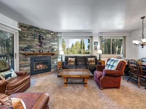Living room with an abundance of natural light, brown leather couch and a red fabric chair