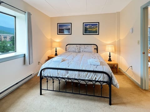 The bedroom has been newly updated with a new bed and comforter.