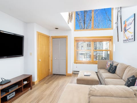 An L shaped sofa faces a flat screen TV, with views out to the Telluride Ski Resort. Lots of natural light makes this room very enjoyable.