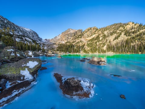 Frozen lake in mountains, Rocky Mountain National Park.