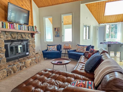 Brightly lit living room with a wood burning fireplace
