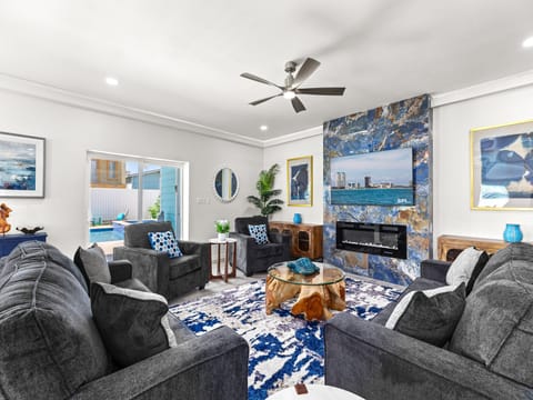 Stunning blue marble is the centerpiece of your open concept living room. (FIREPLACE NOT FOR GUEST USE)