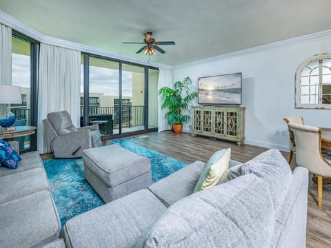 Modern condominium living room with balcony view
