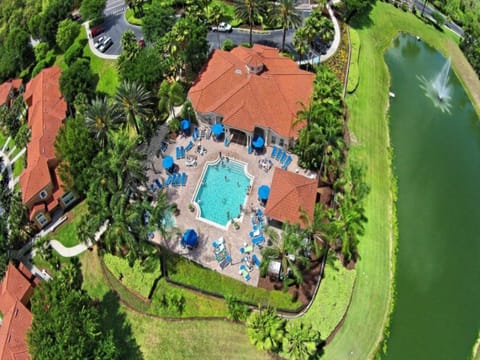 Aerial view of a resort-style pool surrounded by lush greenery and loungers.