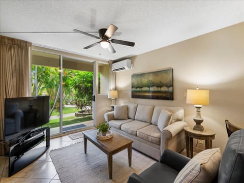 Cozy up in the living room next to garden scenery