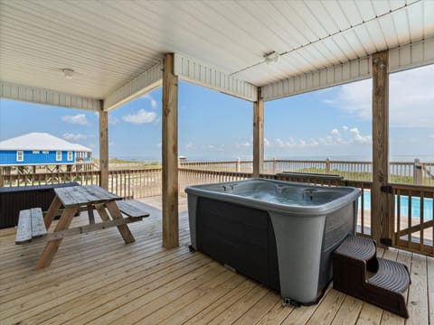 Dauphin Blue Hot Tub In Covered Porch