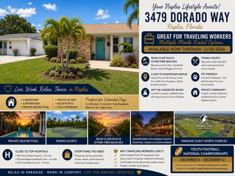 Perfectly positioned in a peaceful Naples neighborhood with a fenced yard, heated pool, and pet-friendly amenities. Your ideal home base for work and relaxation.