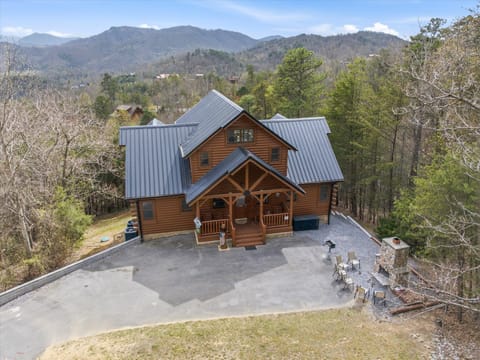 Mountain cabin retreat with sweeping forest views, featuring rustic timber construction and metal roofing set against rolling hills.