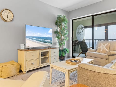 Welcome to your Gulf Shores getaway at Gulf Tower! This beautifully appointed 2-bedroom, 2-bath unit is situated right on West Beach and convenient to it all! The spacious living room is designed for relaxation and fun. Kick back on the comfortable sleeper sofa and easy chairs while watching your favorite shows on the television.