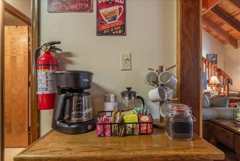 Coffee/tea bar with grinder, french press, drip machine with tea/sugar selection