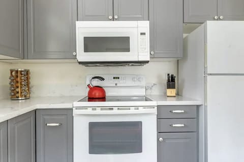 Electric stove top and oven with fully stocked kitchen supplies, spices & oils