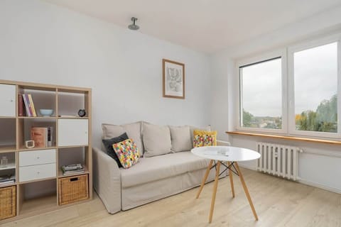 A bright living space with a gray sofa, wooden shelves, a small coffee table, and large windows allowing natural light.
