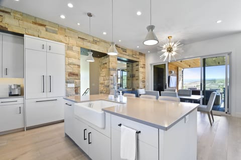 Center island with seating for three.