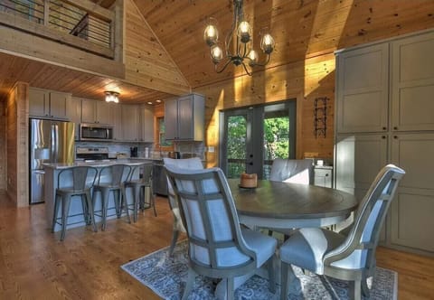 Kitchen and Dining space with Cathedral ceilings