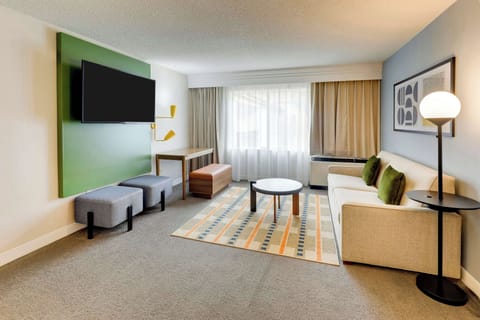 Stretch out in the airy lounge with modern, cozy seating.