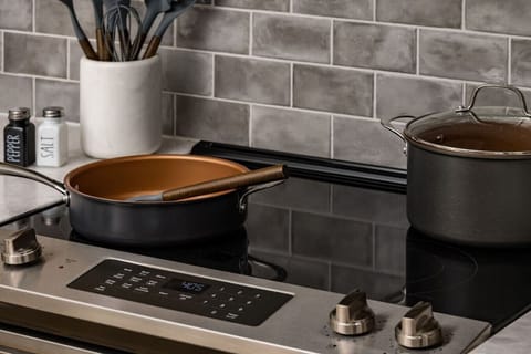 This spacious kitchen is stocked with all the essentials, including coffee & tea!